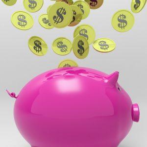 Pink Piggy Bank with Coins